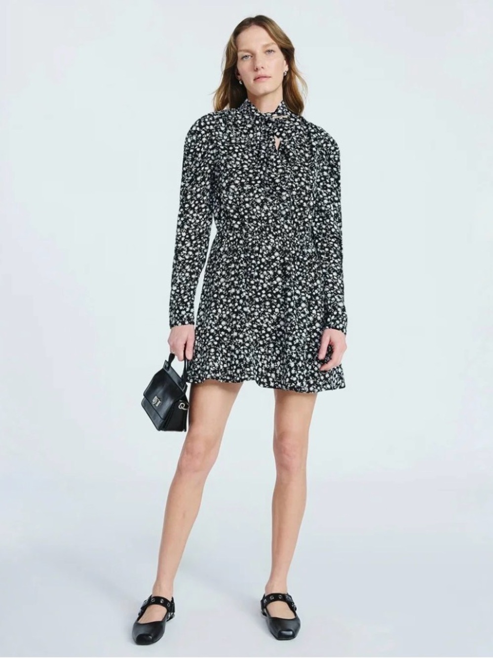 Scoop NWOT Tie-Neck Black Floral Mini Dress size L